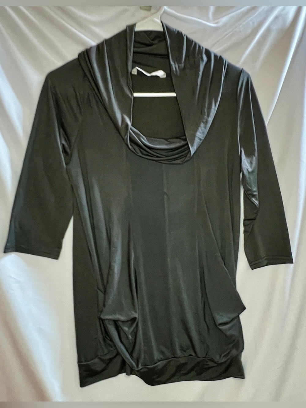 POIS L Black Cowl Neck Tunic Dress Womens Size S 3/4 Sleeve Side Pockets Draped
